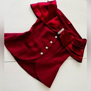 Cachet Burgundy Satin Top with Rhinestone Bow n Buttons Accent